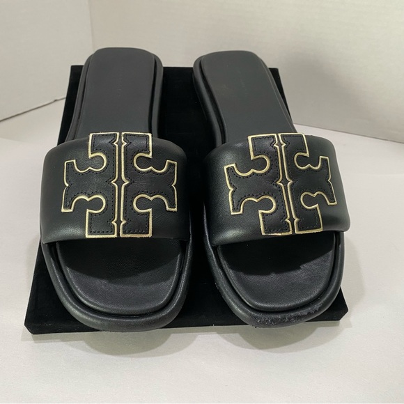 NEW Tory Burch Ines Slide Sandals Black Leather Double-T Logo - Picture 4 of 14